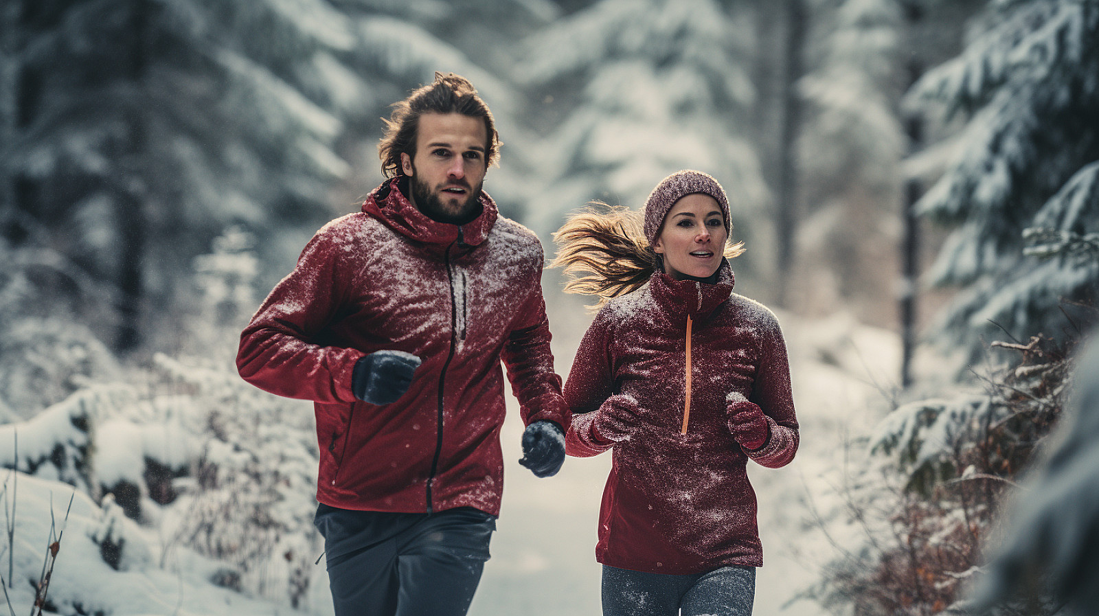 Vinterlöpande par som springer i en snötäckt skog.